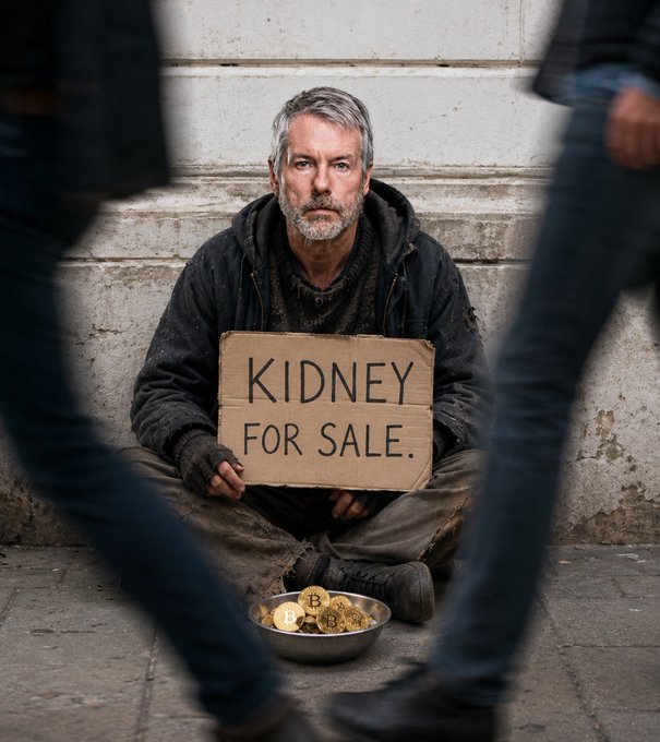 A weathered man sits against a stone wall holding a cardboard sign reading "KIDNEY FOR SALE," with a bowl of gold-colored crypto coins placed at his feet, illustrating the desperation of someone forced to sell a vital organ to participate in the cryptocurrency market.