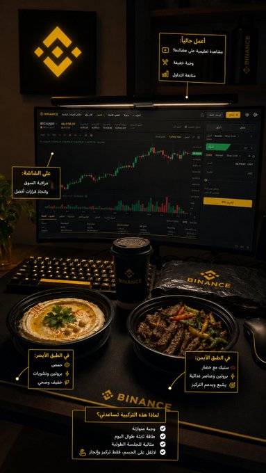 A desk setup featuring a Binance trading chart on a monitor, accompanied by a hummus bowl, a meat dish, a Binance-branded cup, and Arabic text labels highlighting features like "محتويات," "عرض الشاشة," and "لحظة المراجعة," reflecting the post's theme of a focused, well-prepared trading session paired with a balanced meal.