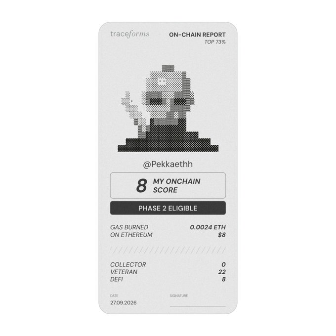 A 'traceforms' ON-CHAIN REPORT card shows a pixelated avatar for '@Pekkaeth' with an '8 MY ONCHAIN SCORE' and 'PHASE 2 ELIGIBLE' status, dated 27.09.2026.