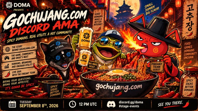 A promotional flyer for "GOCHUJANG.COM DISCORD AMA" presented by DOMA, announcing an event on Tuesday September 8th, 2026 at 12 PM UTC, featuring cartoon mascots including a frog in a cap and a red cat character.