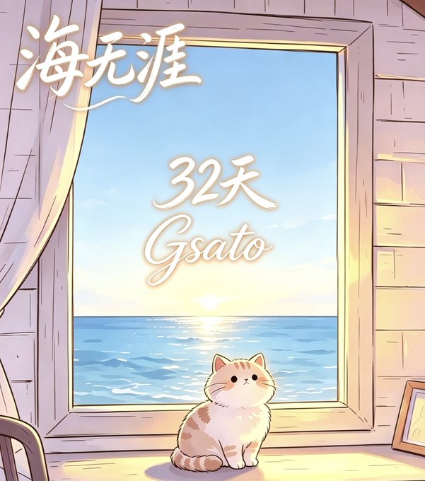 The image is a charming illustration of a fluffy cream-and-orange cat sitting on a windowsill, gazing out at a serene sunset over the ocean, with the text "海无涯" (Boundless Sea) at the top and "32天 Gsato" (32 Days Gsato) overlaid in the center. It visually captures the "32nd day" milestone mentioned in the post, using the tranquil seaside scene as a metaphor for the user's ongoing journey holding SATO tokens, while the cat serves as an endearing mascot symbolizing patience as they wait for the token to reach $20 despite the current sluggish V4 market conditions.
