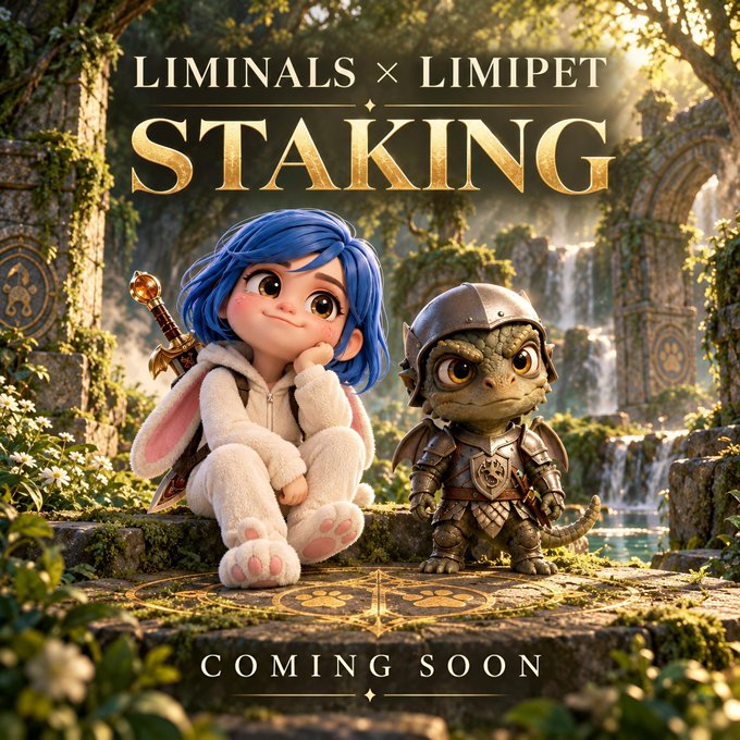 A promotional poster for 'LIMINALS x LIMIPET STAKING' showing a blue-haired anime-style character in a bunny onesie and a small armored dragon-like creature, with 'COMING SOON' at the bottom.