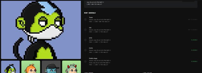 A screenshot of a digital marketplace or collection page showing a pixel-art green monkey NFT on the left and a schedule for an "IGOT SCHEDULE" with tasks for characters like Toshi, OSO, and PUPS on the right.