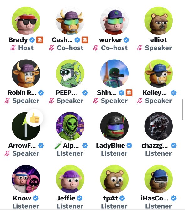 A screenshot of a Clubhouse room participant list showing hosts, co-hosts, speakers, and listeners using various cartoon and animal profile pictures with names like Brady, Cash, worker, Robin R., and others.