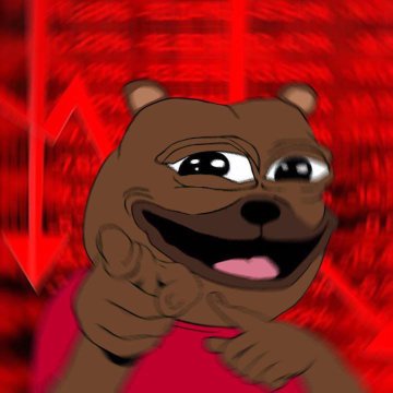 A cartoon brown bear character with large eyes smiles and points, set against a stylized red background with abstract patterns.