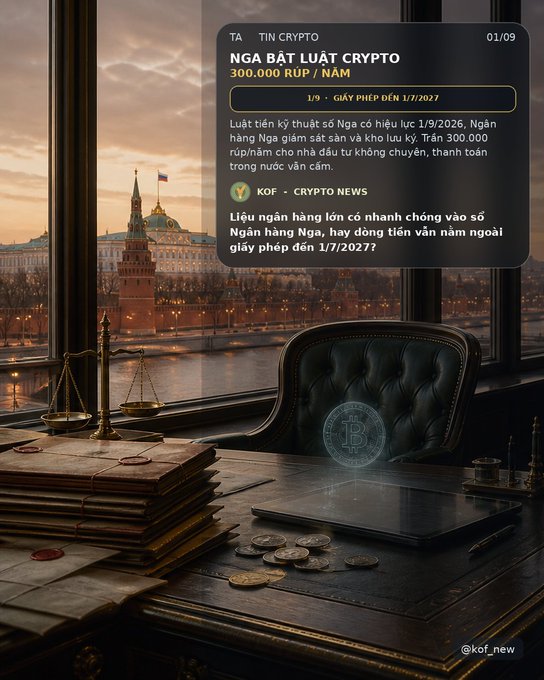 A Vietnamese crypto news graphic ('TIN CRYPTO') from KOF about Russia's Central Bank approving crypto for foreign trade at 300,000 rubles/năm, featuring a desk with a Bitcoin hologram, scales of justice, and the Kremlin in the background.
