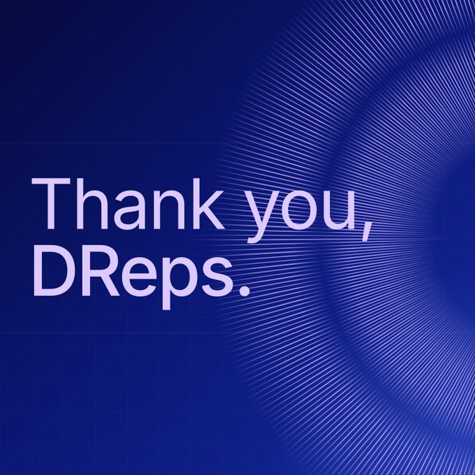The image features a blue background with white text that reads "Thank you, DReps." The text is positioned at the top of the frame, drawing attention to the message. Below this, there are two lines of text that read "The voting window has now closed. Thank you to all the DReps and Cardano community for your support and confidence in the IOR proposal". This part of the image provides context about a recent event or situation related to the DReps project.