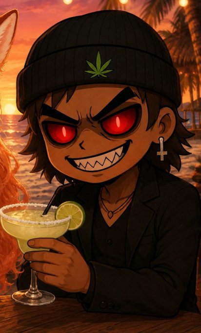 An animated illustration of a character with a beanie featuring a green leaf logo, glowing red eyes, and a sharp-toothed grin, holding a margarita with a lime garnish at a beachside bar at sunset.