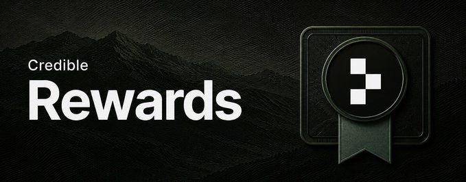 A promotional graphic features a black mountain background with the white text 'Credible Rewards' on the left and a black ribbon-style badge icon on the right.