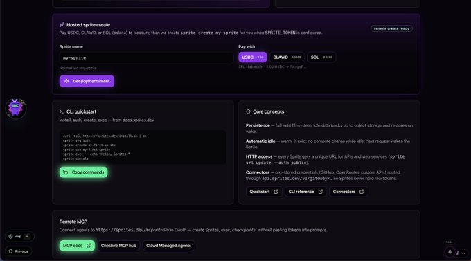 A dark-themed dashboard interface showing hosted sprite creation options with 'Sprite name my-sprite' and payment toggle set to USDC (devnet), alongside CLI quickstart commands and Core concepts documentation.
