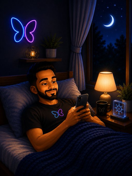 A digital illustration of a bearded man in bed at night, wearing a black shirt with a butterfly logo, looking at his smartphone, with a neon butterfly sign on the wall, moonlit window, and warm lamp creating a cozy atmosphere.