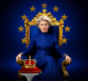 A digitally edited image showing Ursula von der Leyen sitting on an ornate golden throne wearing blue, with a crown on a red cushion beside her and EU stars in the background.