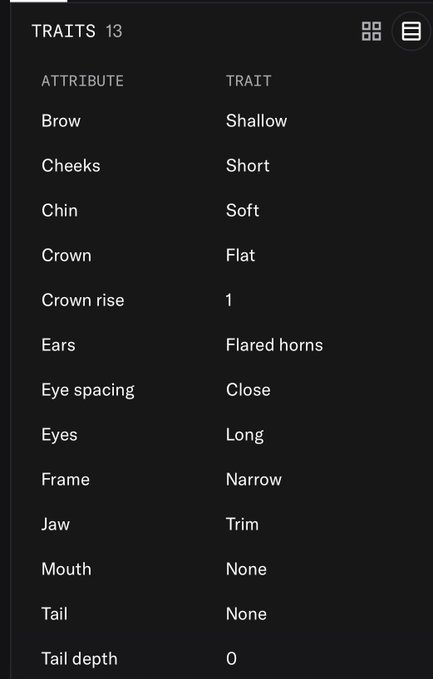 A dark interface screen displays a list of 13 character traits and their attributes, including Brow: Shallow, Cheeks: Short, Chin: Soft, and Ears: Flared horns.