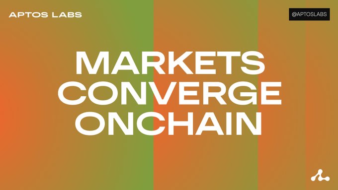 The image features a poster with white text that reads "Markets Converge Onchain order books. Equity perps. Onchain order books. @Aptos Labs is contributing to the full-stack infrastructure capital markets are converging on." The poster also includes an image of a book titled "Equity perps" and another book called "Onchain order books". These books are related to the concept of cryptocurrency trading, which is being discussed in the context of the post.