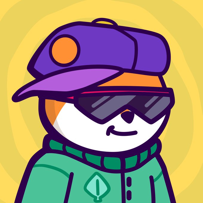 A cartoon illustration of a cool dog-like character wearing a purple and orange cap, sunglasses, and a green hoodie with a spade emblem on a yellow background.
