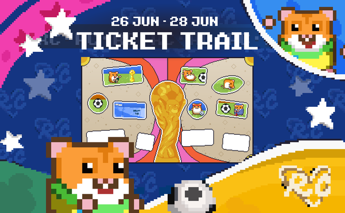 A pixel-art promotional banner for a "TICKET TRAIL" event running June 26-28, featuring hamster mascots, a World Cup trophy, soccer balls, and travel tickets, which ties into the accompanying post's soccer-themed mining event offering rewards like a "Gate Pass miner with 520 000 000 Gh/s + 12% bonus" by collecting match-related items.