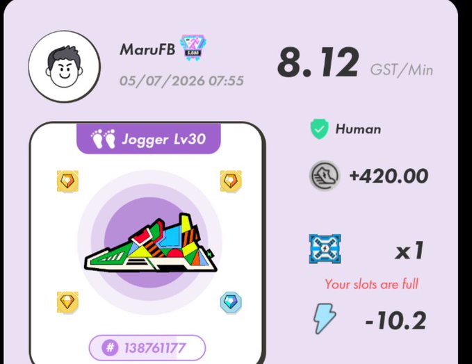 STEPN app screenshot for user "MaruFB" showing a Jogger Lv30 sneaker earning 8.12 GST/Min with +420.00 GST and -10.2 energy on 05/07/2026.