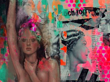 A colorful mixed-media collage artwork featuring overlapping images of women's faces, bright paint splatters, and torn paper text fragments.