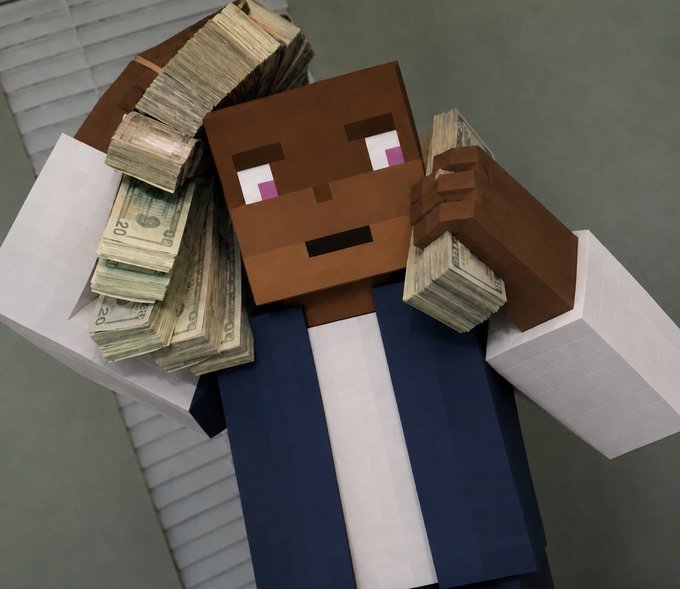 Minecraft-style character with pixelated brown skin and a white/blue outfit, holding stacks of $20 US dollar bills in both hands.