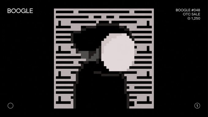 A pixel art black and white image of a silhouette with a white head covering on a striped background, labeled 'BOOGLE', 'BOOGLE #048 OTC SALE', and '1,250'.
