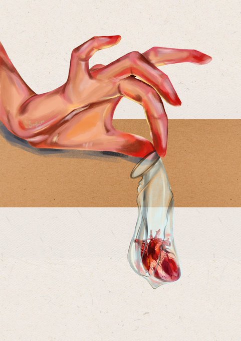 A disembodied, bloodied hand reaches down from a tan horizontal band to grasp a transparent pouch containing a realistic heart, suspended over a textured off-white background.

The caption relates to the post's instruction to use "no words," as the image itself conveys a visceral, symbolic narrative without any text.