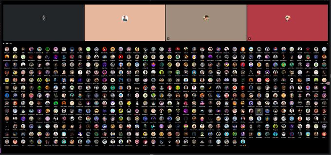A digital interface displays hundreds of small circular icons or avatars arranged in a grid against a black background, with four larger image slots across the top.