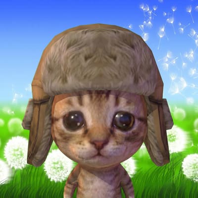 A digitally rendered or filtered image of an adorable kitten wearing a large furry Russian-style ushanka hat, set against a background of dandelions in a green field.