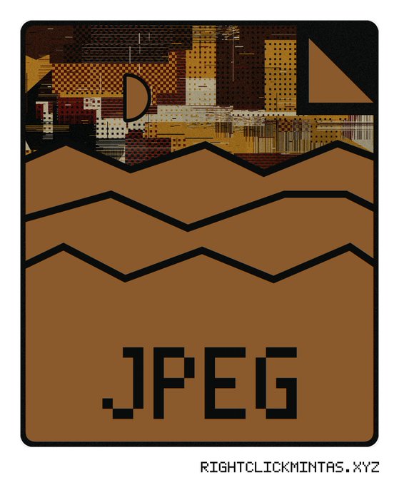 A pixel-art style NFT design featuring the word 'JPEG' in large black block letters at the bottom, with a brown jagged landscape above showing a glitchy, corrupted image of a cityscape, credited to 'RIGHTCLICKMINTAS.XYZ' at the bottom right.