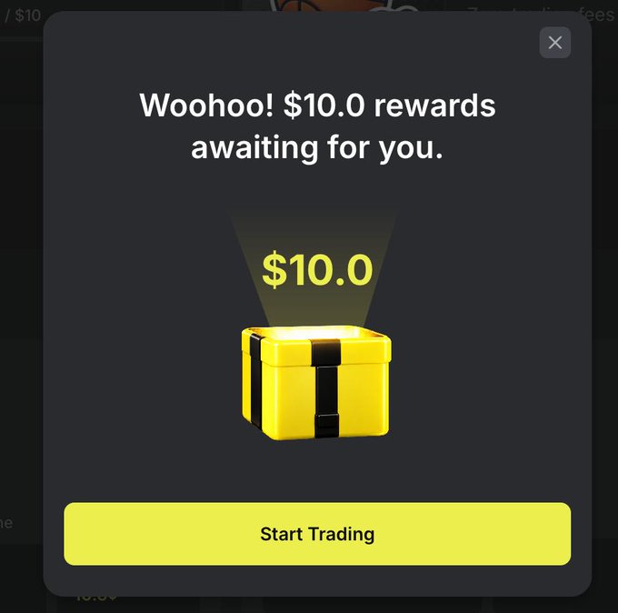 A dark app popup screen displaying 'Woohoo! $10.0 rewards awaiting for you.' above a glowing yellow chest with '$10.0' and a yellow 'Start Trading' button.