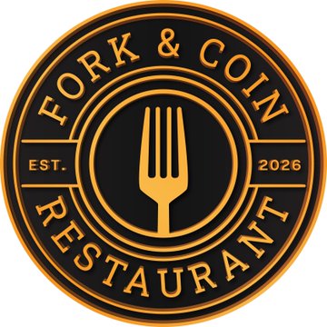 A circular restaurant logo for 'FORK & COIN RESTAURANT' with a fork emblem in the center, 'EST. 2026' on the sides, and gold lettering on a black background.