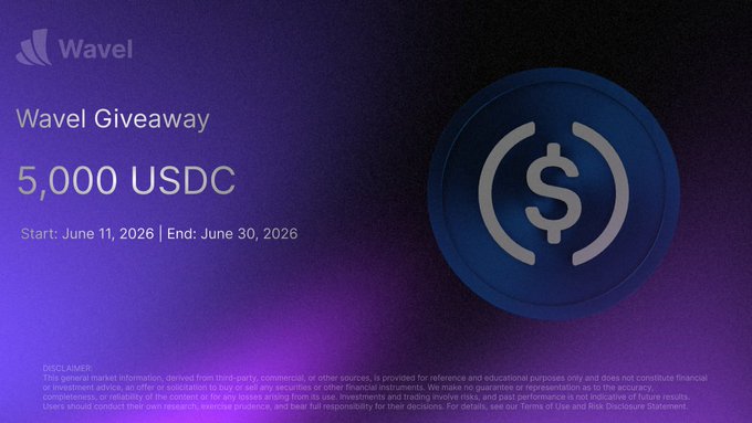 A promotional graphic for a 'Wavel Giveaway' of 5,000 USDC running from June 11, 2026 to June 30, 2026, featuring a large dollar sign coin on a purple gradient background.