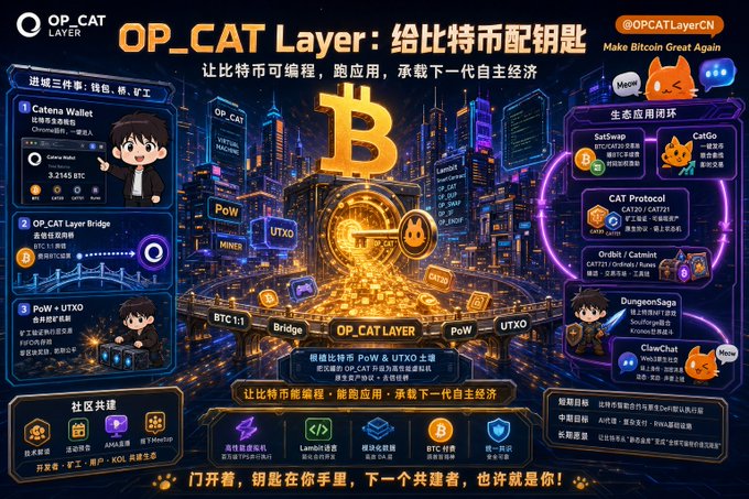 An infographic for 'OP_CAT Layer' promoting Bitcoin programmability, featuring Catena Wallet, CatSwap, CatGo, and CAT Protocol with Chinese text '给比特币配钥匙'.