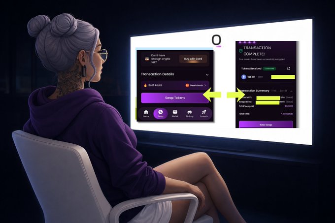 A 3D-rendered woman with a purple hoodie and grey hair sits watching a screen displaying a cryptocurrency swap transaction interface with 'Swap Tokens' and 'New Swap' buttons highlighted by yellow arrows.