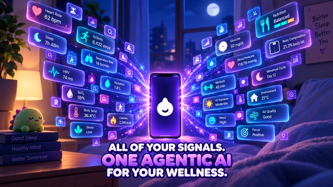 An advertisement for a wellness AI app displaying a smartphone surrounded by floating data panels showing health metrics like heart rate, sleep, steps, and glucose, with text 'ALL OF YOUR SIGNALS. ONE AGENTIC AI FOR YOUR WELLNESS.'