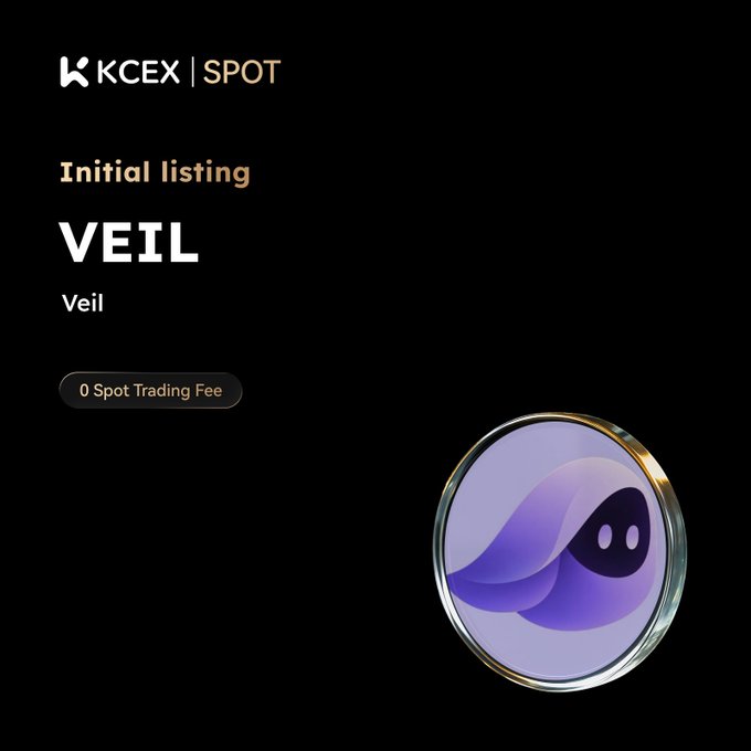 A black promotional graphic for KCEX Spot exchange announcing the initial listing of 'VEIL' token with '0 Spot Trading Fee,' featuring a purple ghost-like logo in a circular frame.