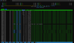 A heavily pixelated, low-resolution screenshot showing what appears to be a data table or code editor with green, blue, and red text on a black background.