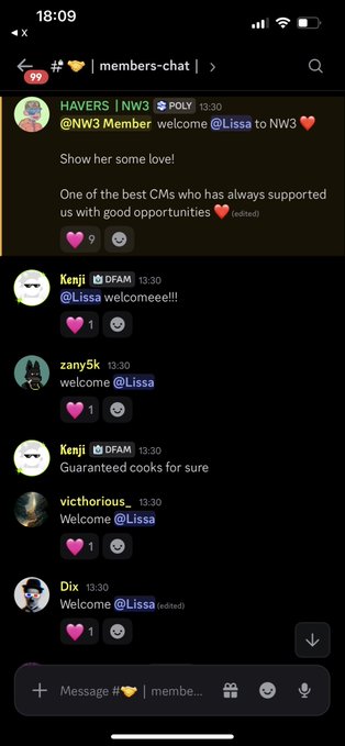 A Discord screenshot showing the #members-chat channel in the NW3 community, where members including HAVERS, Kenji, zany5k, victorious_, and Dix are welcoming @Lissa, who has just joined as the "hottest NW3 CM" highlighted in the post's recap.