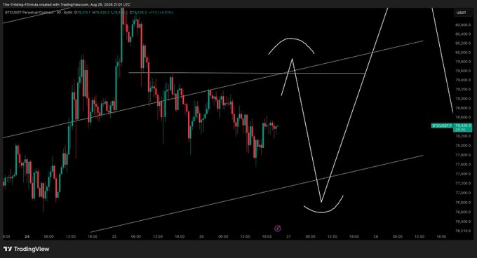 A TradingView chart of BTC/USD on the perpetual futures contract shows price action within an ascending channel, with hand-drawn white arrows illustrating a projected bearish move down to the channel's lower trendline around $73,000–$74,000, followed by a recovery back up toward $81,000+. The chart displays BTC trading near $79,424 and reflects the trader's plan to follow this short-term dip-and-rebound scenario.