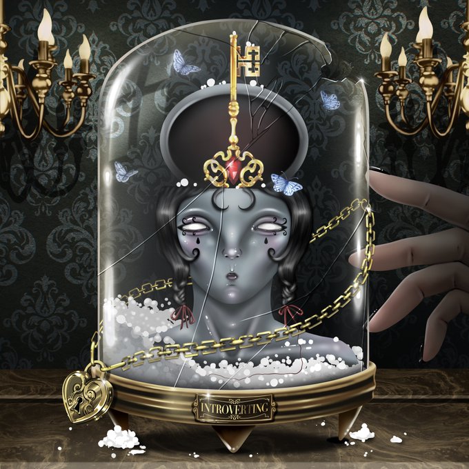A stylized digital artwork titled 'INTROVERTING' showing a melancholic figure inside a cracked glass dome with a golden key, chains, and butterfly motifs in gothic decor.