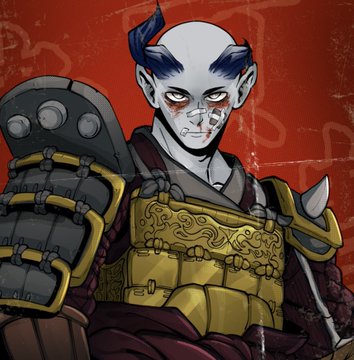 An illustration of a pale-skinned character with blue-tipped hair and facial scarring, wearing ornate yellow and red samurai-style armor against a dark red background with faint symbols.