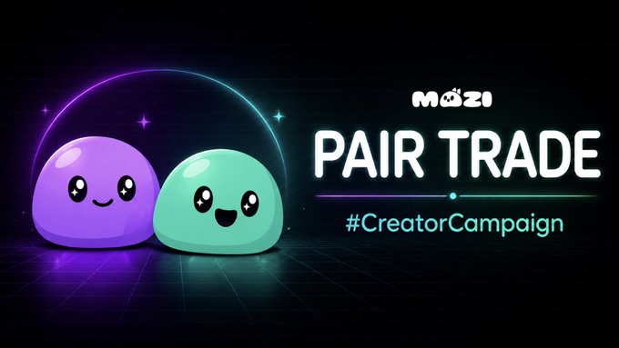 A promotional graphic for Mozi 'Pair Trade' Creator Campaign featuring two cute purple and teal blob characters with neon lighting effects.