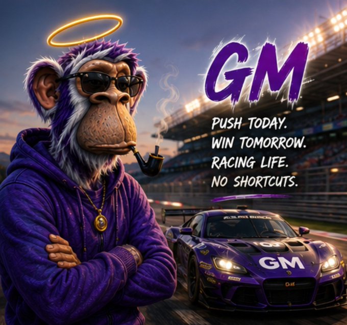 A digital artwork features a purple-hooded chimpanzee with a halo, sunglasses, and smoking a pipe, standing next to a purple race car with the text 'GM - PUSH TODAY. WIN TOMORROW. RACING LIFE. NO SHORTCUTS.'