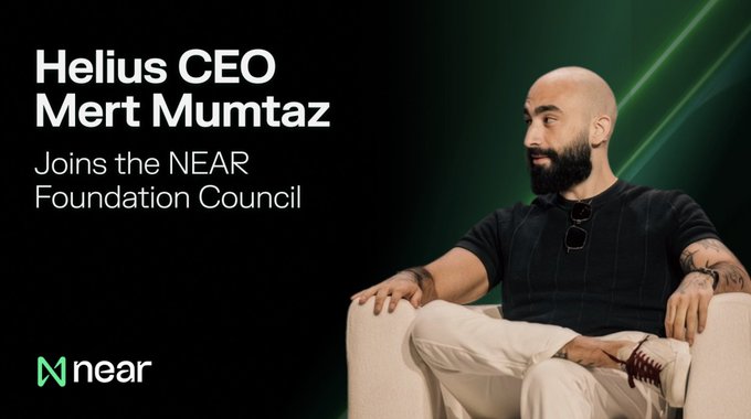 Promotional graphic stating 'Helius CEO Mert Mumtaz Joins the NEAR Foundation Council' featuring a bald, bearded man sitting in a chair with the NEAR logo.