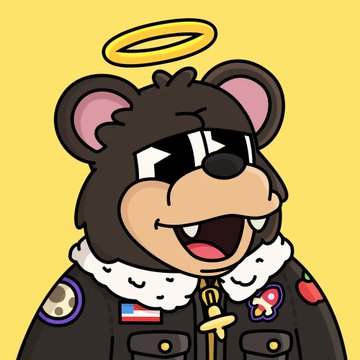A cartoon bear character with a halo, wearing sunglasses and a military-style jacket adorned with various flag pins including a Texas flag.