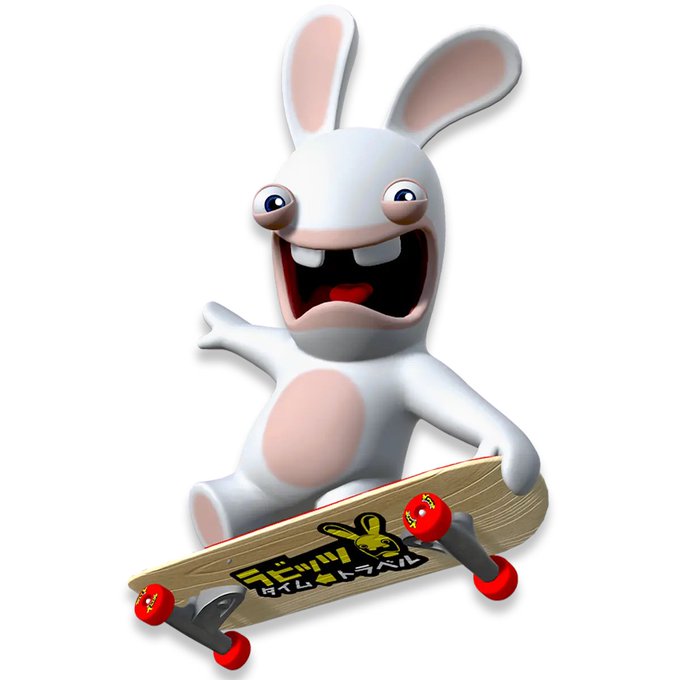 The image features a cartoon rabbit riding a skateboard, with the word "Veve" written on the bottom of the board. The rabbit appears to be in motion, possibly performing a trick or simply enjoying itself while skating. The background of the image is white, which contrasts nicely with the vibrant colors and details of the cartoon rabbit and its skateboard.