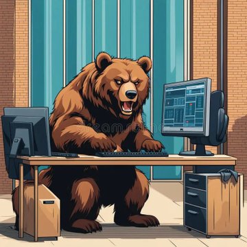 A large, fierce-looking brown bear sits at a desk using a computer setup, symbolizing bearish market sentiment. The image visually reinforces the post's news about a trader suffering massive losses from a short position on Ethereum, as the "bear" represents the aggressive downward price action that devastated their trade.