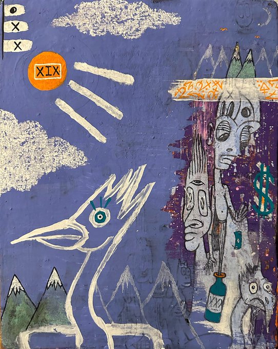 A colorful, naive-style painting on a blue background depicting a large white bird-like figure, stylized human faces with multiple eyes, clouds, mountains, and symbolic elements including an orange circle with 'XIX'.