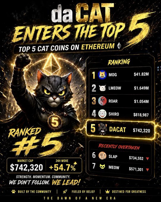A promotional graphic announcing 'daCAT ENTERS THE TOP 5' as a Top 5 Cat Coin on Ethereum, showing DACAT ranked #5 with a market cap of $742,320 and +54.7% 24H move, behind MOG, LMEOW, ROAR, and SHIRO, with the tagline 'WE DON'T FOLLOW. WE LEAD!'