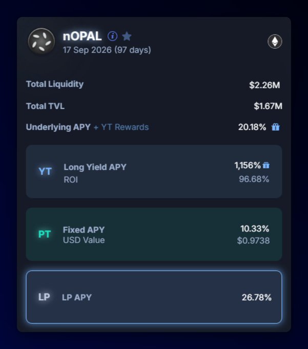 The image features a detailed summary of the financial data for a platform called "nOPAL", showing its total liquidity, long yield APY (ROI), fixed APY/USD Value, and ROI percentage change. Additionally, there are two tables displayed on this summary screen that display YT and LP's yield APY: 10.38% and 27%. The image emphasizes the importance of understanding these factors when investing in a platform like nOPAL.