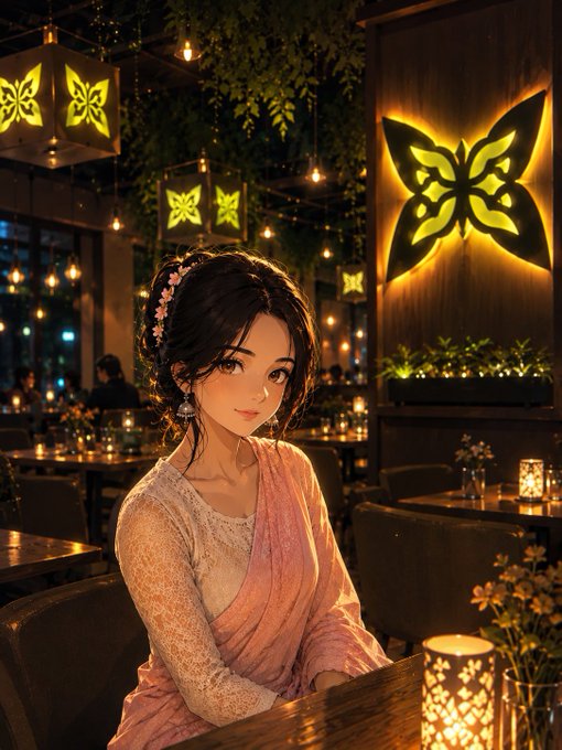 An anime-style illustration of a young woman with flowers in her hair sitting at a table in a warmly lit restaurant with butterfly-themed decor and hanging lanterns.